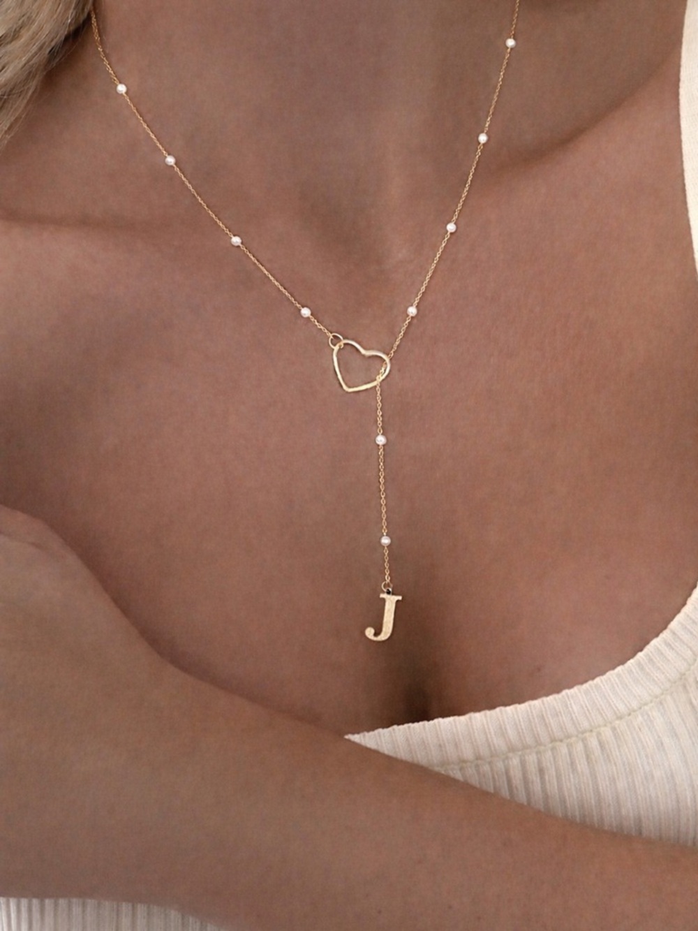 Initial J Heart Y Necklace | Pearl Beaded Lariat Minimalist Jewelry